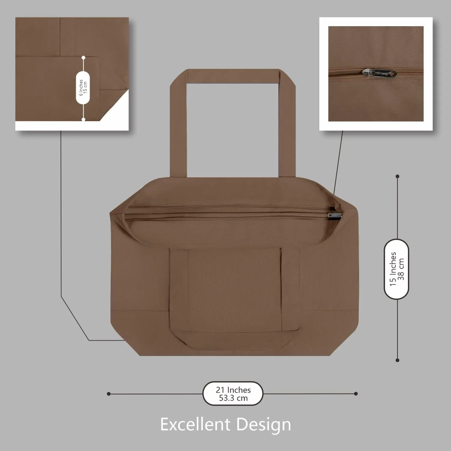 TOPDesign 1-Pack Canvas Tote Bag with an External Pocket, Reusable Grocery Shopping Bag, Top Zipper Closure, Daily Essentials (Brown)