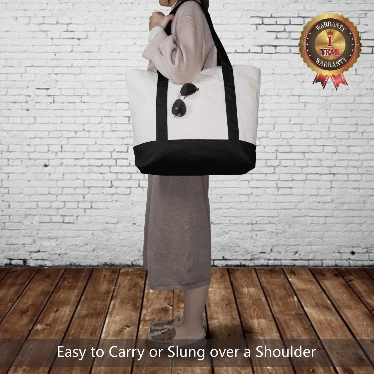 TOPDesign 3-Pack Canvas Tote Bags with an External Pocket, Reusable Grocery Shopping Bags, Top Zipper Closure, Daily Essentials (Black/Natural)