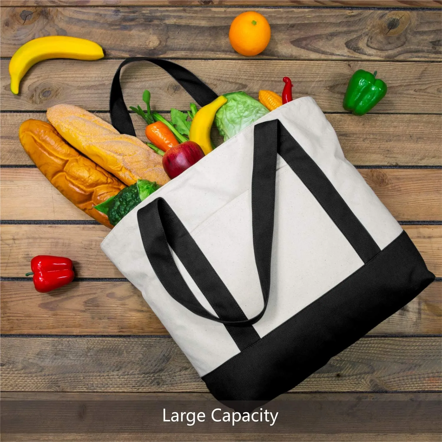 TOPDesign 3-Pack Canvas Tote Bags with an External Pocket, Reusable Grocery Shopping Bags, Top Zipper Closure, Daily Essentials (Black/Natural)