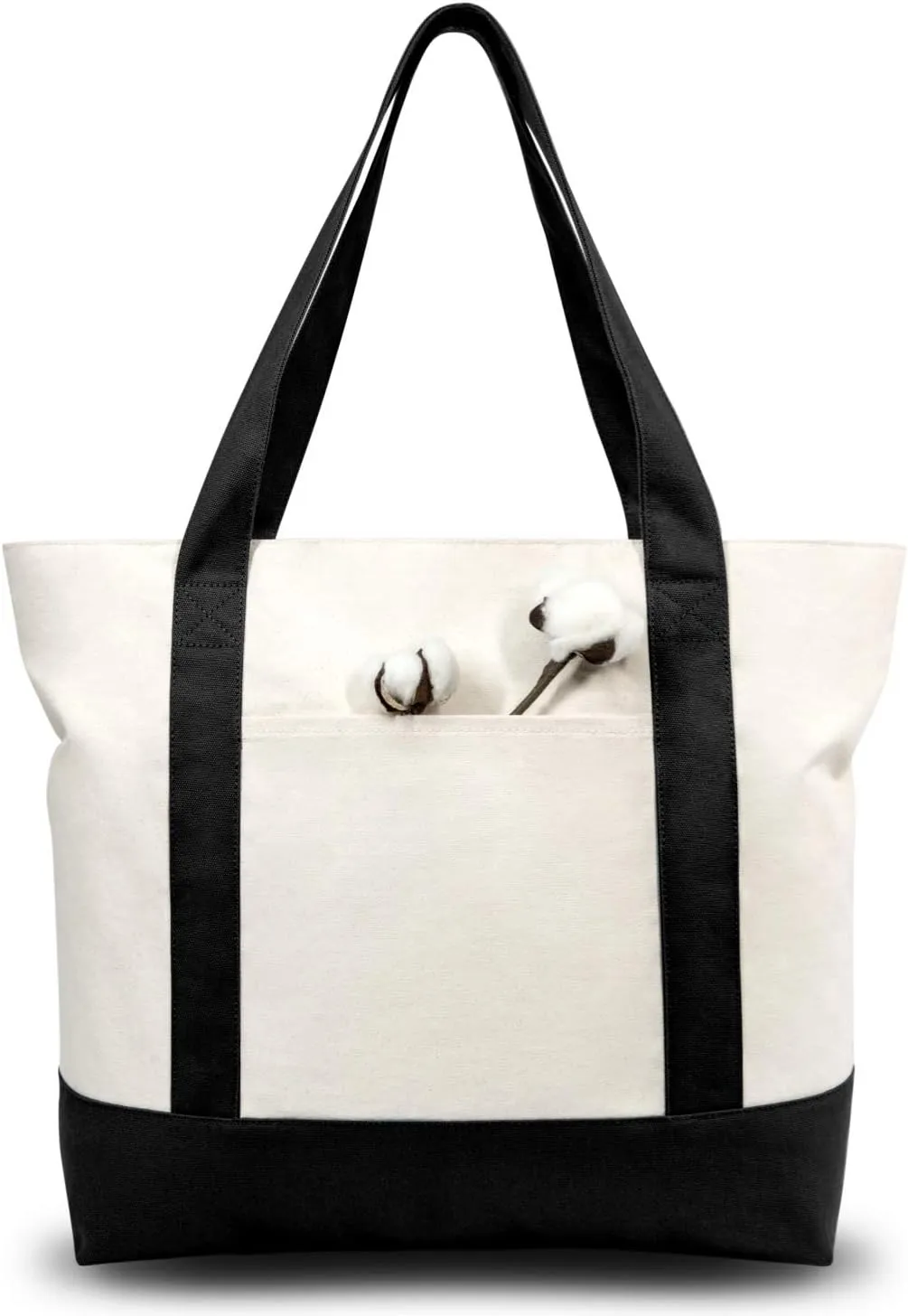TOPDesign 3-Pack Canvas Tote Bags with an External Pocket, Reusable Grocery Shopping Bags, Top Zipper Closure, Daily Essentials (Black/Natural)