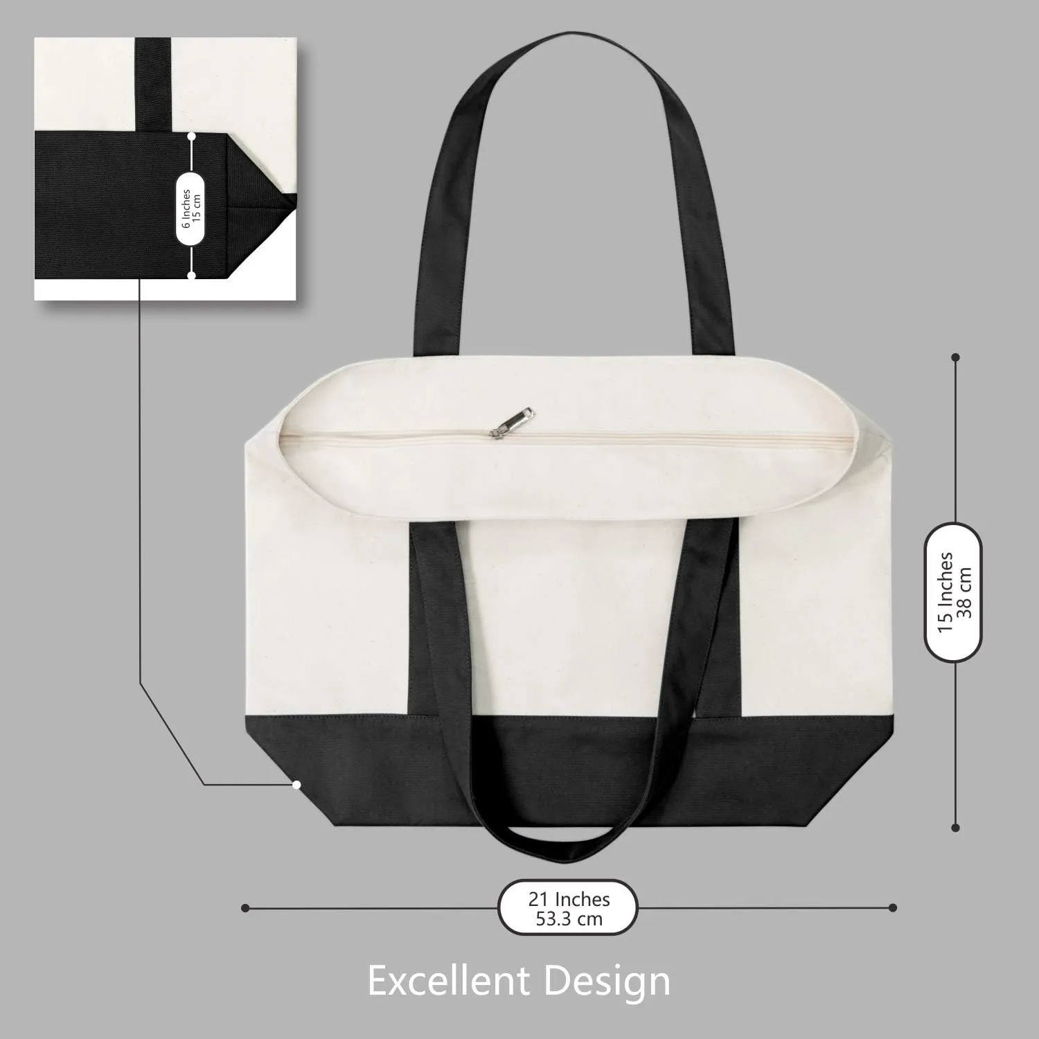 TOPDesign 3-Pack Canvas Tote Bags with an External Pocket, Reusable Grocery Shopping Bags, Top Zipper Closure, Daily Essentials (Black/Natural)