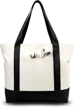 TOPDesign 3-Pack Canvas Tote Bags with an External Pocket, Reusable Grocery Shopping Bags, Top Zipper Closure, Daily Essentials (Black/Natural)
