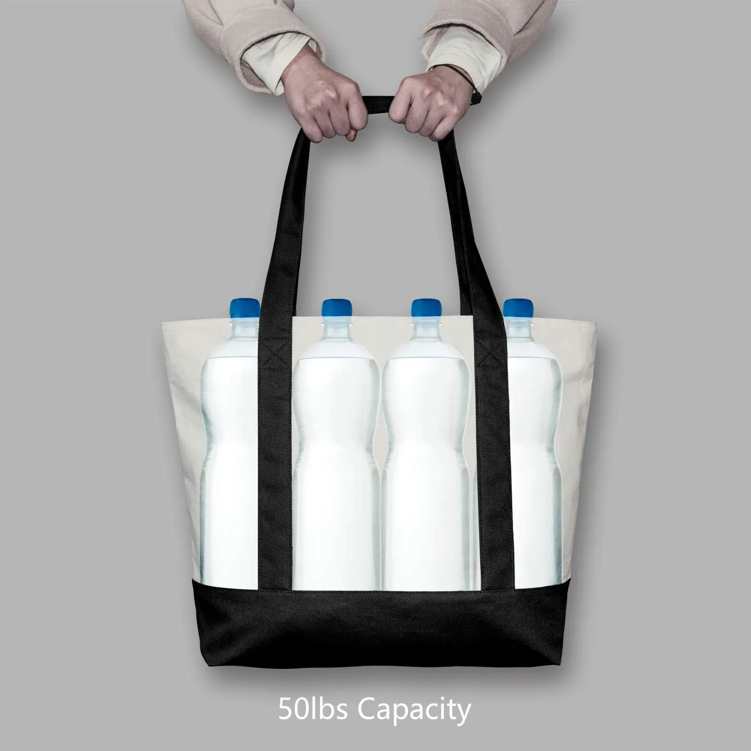 TOPDesign 3-Pack Canvas Tote Bags with an External Pocket, Reusable Grocery Shopping Bags, Top Zipper Closure, Daily Essentials (Black/Natural)