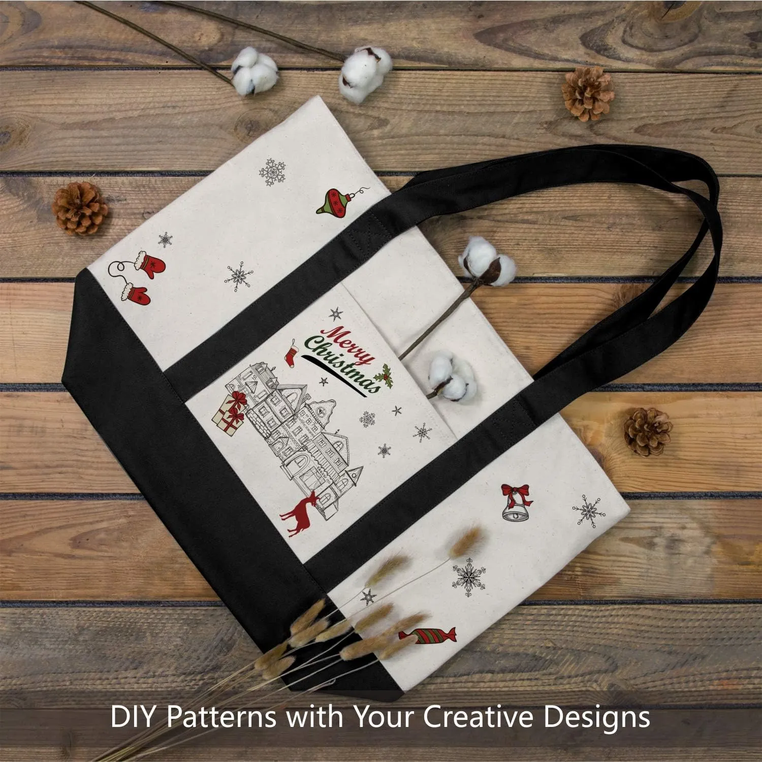 TOPDesign 3-Pack Canvas Tote Bags with an External Pocket, Reusable Grocery Shopping Bags, Top Zipper Closure, Daily Essentials (Black/Natural)