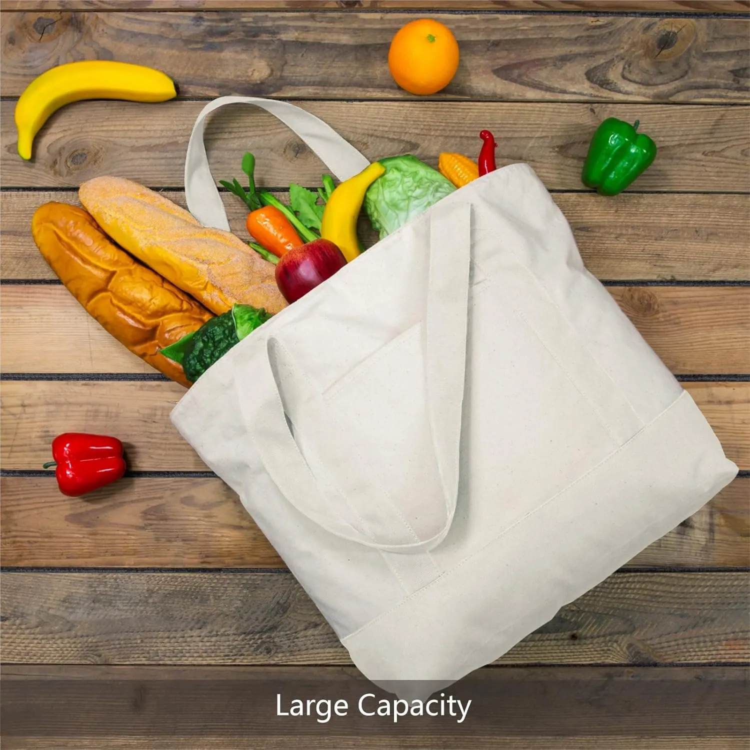 TOPDesign 3-Pack Canvas Tote Bags with an External Pocket, Reusable Grocery Shopping Bags, Top Zipper Closure, Daily Essentials (Natural)