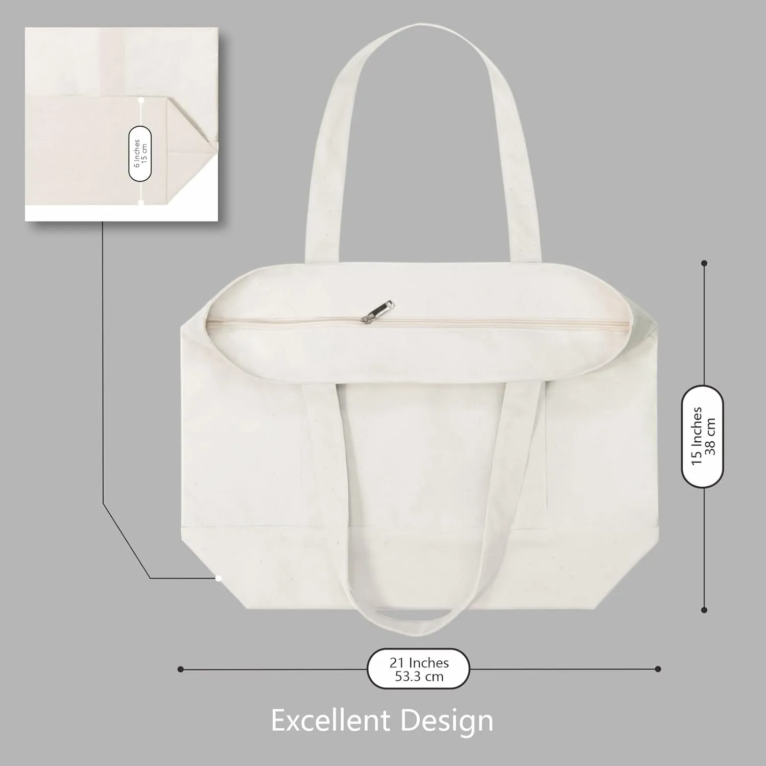 TOPDesign 3-Pack Canvas Tote Bags with an External Pocket, Reusable Grocery Shopping Bags, Top Zipper Closure, Daily Essentials (Natural)