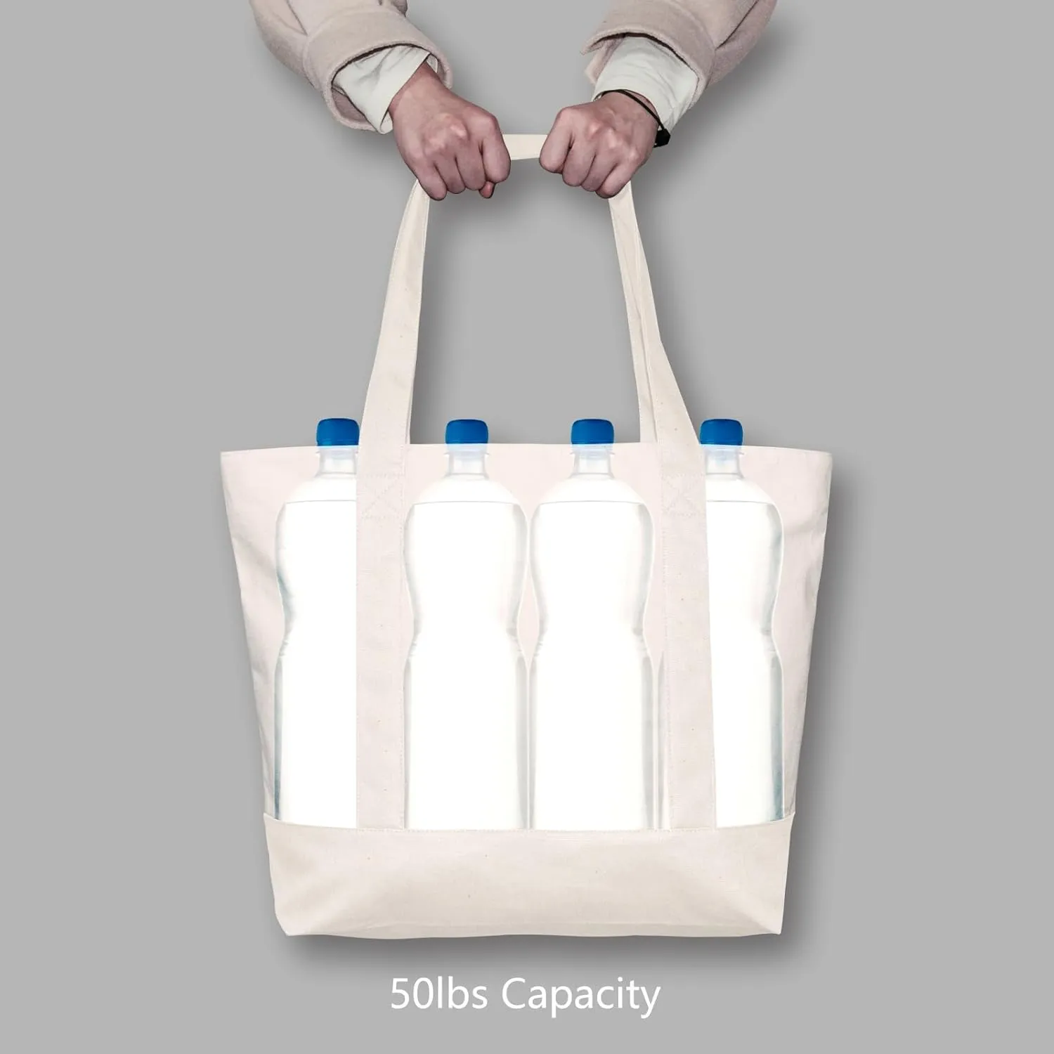TOPDesign 3-Pack Canvas Tote Bags with an External Pocket, Reusable Grocery Shopping Bags, Top Zipper Closure, Daily Essentials (Natural)