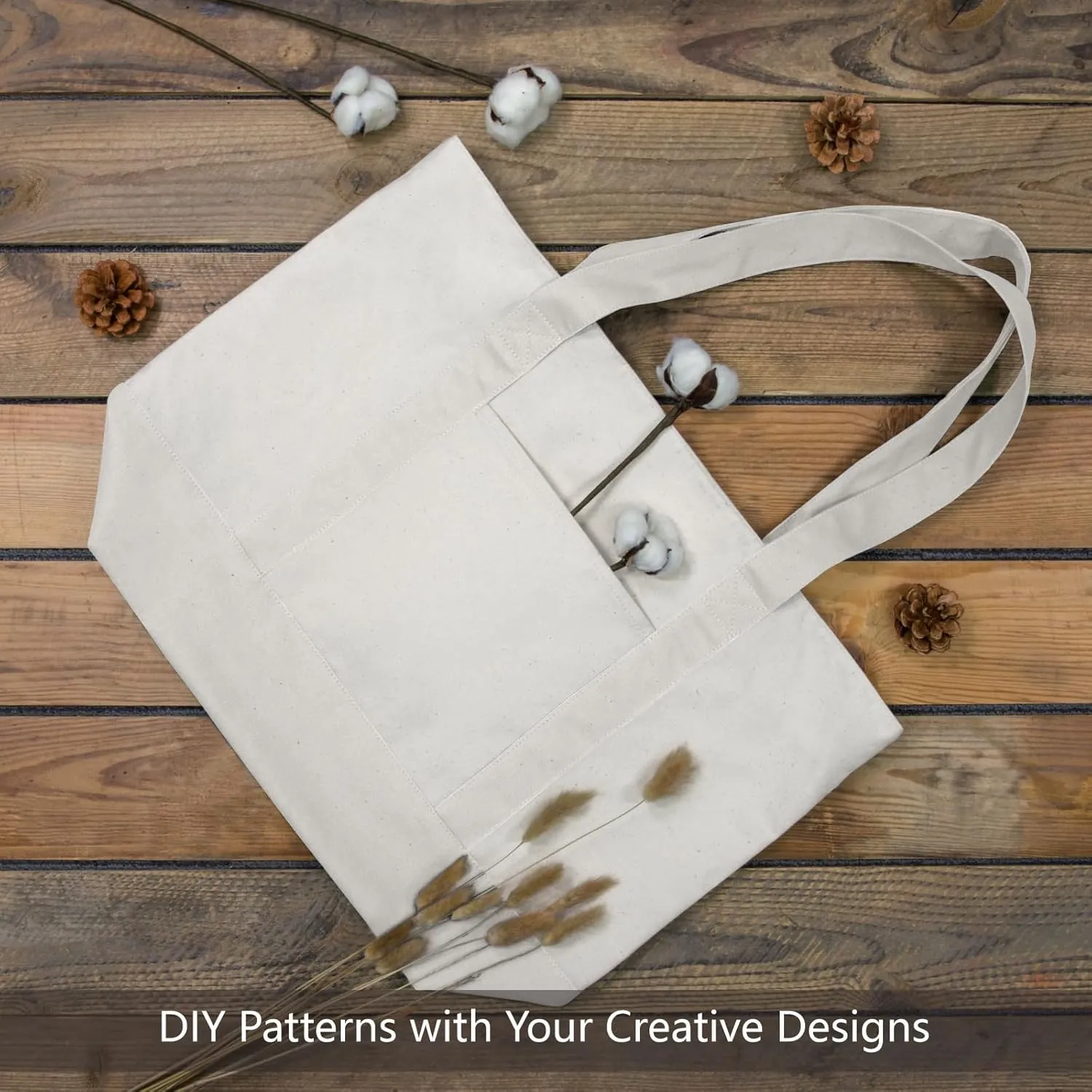 TOPDesign 3-Pack Canvas Tote Bags with an External Pocket, Reusable Grocery Shopping Bags, Top Zipper Closure, Daily Essentials (Natural)