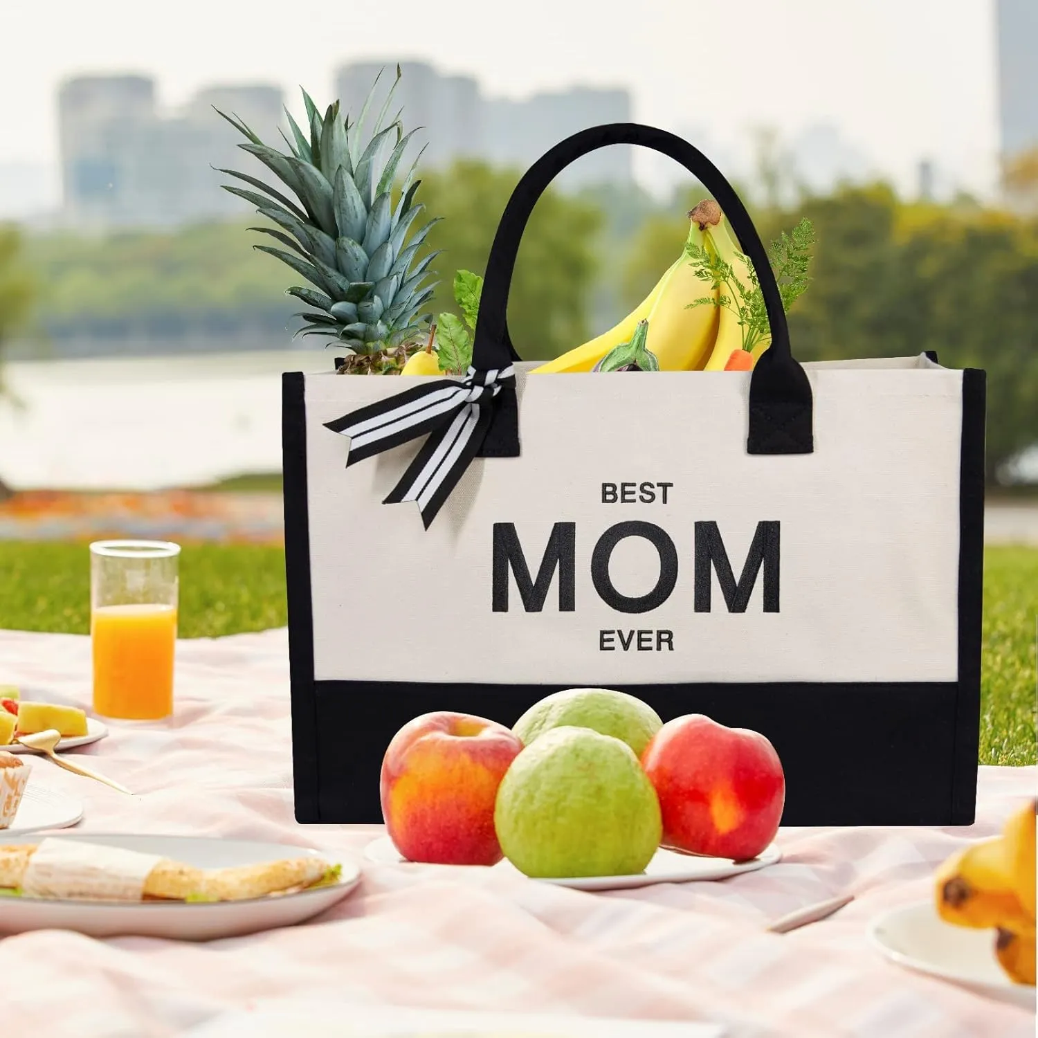 TOPDesign Embroidery Canvas Tote Bag for Women, Best Mom Ever Gifts from Daughter or Son, Unique Mom Birthday, Mothers Day Present, Personalized Bag for Beach, Holiday