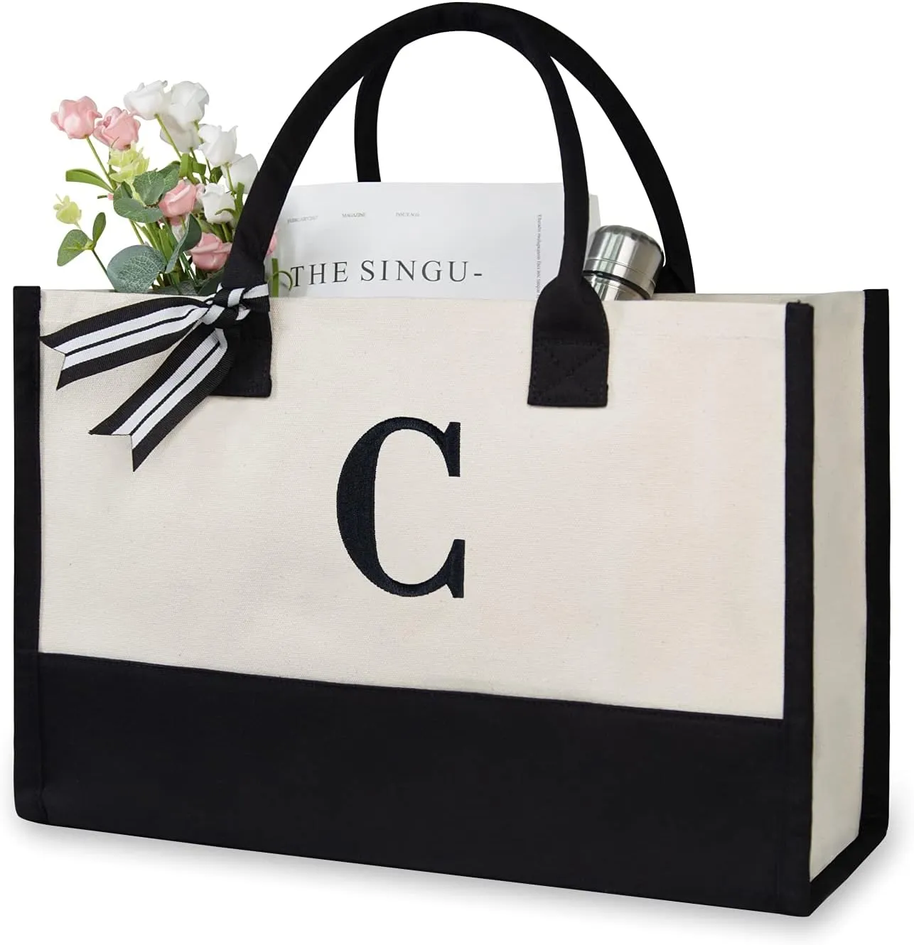 TOPDesign Embroidery Initial Canvas Tote Bag, Personalized Present Bag, Suitable for Wedding, Birthday, Beach, Holiday, is a Great Gift for Women, Mom, Teachers, Friends, Bridesmaids (Letter C)