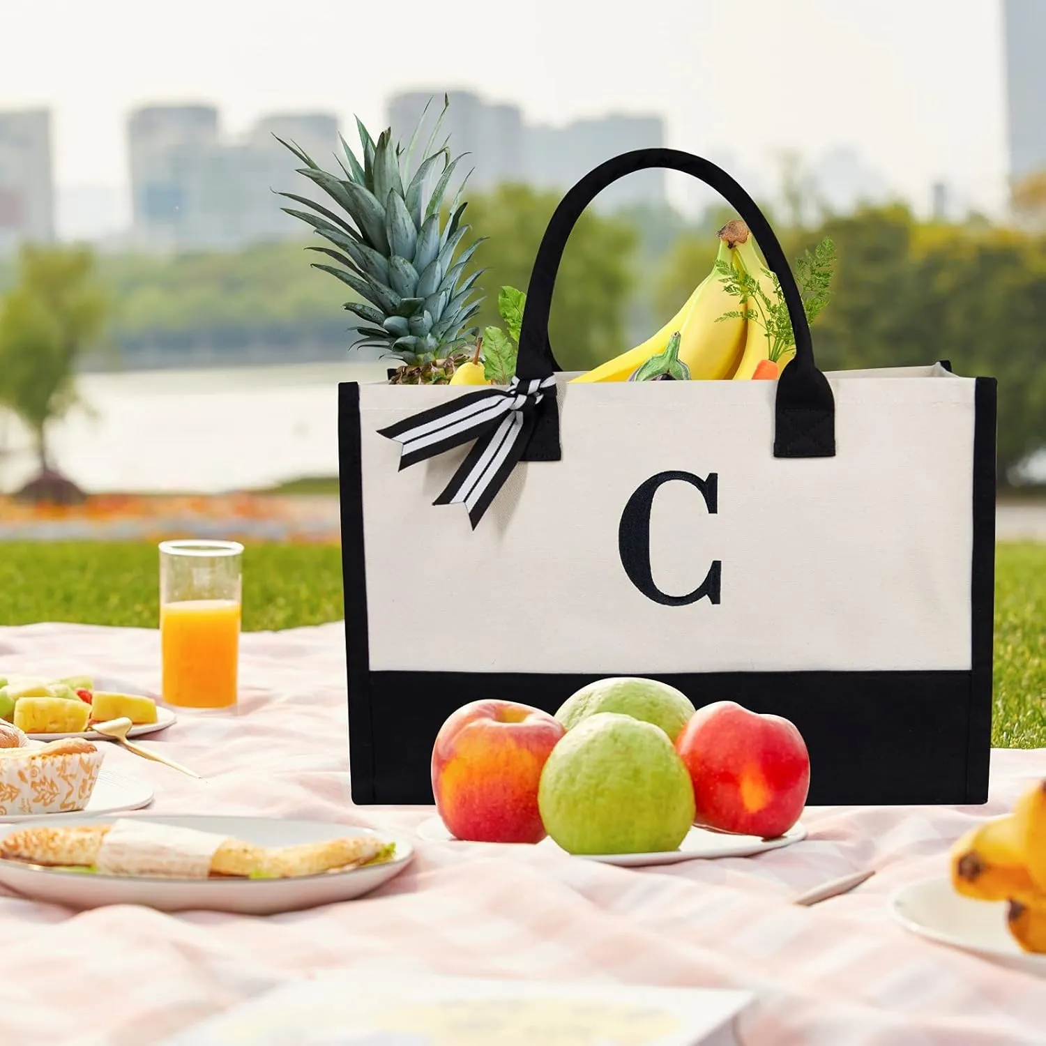 TOPDesign Embroidery Initial Canvas Tote Bag, Personalized Present Bag, Suitable for Wedding, Birthday, Beach, Holiday, is a Great Gift for Women, Mom, Teachers, Friends, Bridesmaids (Letter C)