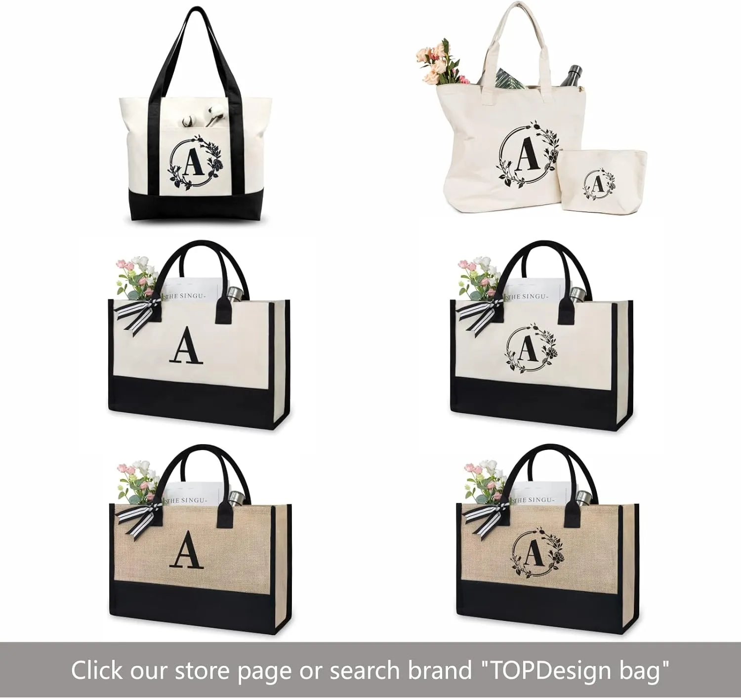 TOPDesign Embroidery Initial Canvas Tote Bag, Personalized Present Bag, Suitable for Wedding, Birthday, Beach, Holiday, is a Great Gift for Women, Mom, Teachers, Friends, Bridesmaids (Letter C)