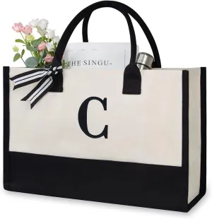 TOPDesign Embroidery Initial Canvas Tote Bag, Personalized Present Bag, Suitable for Wedding, Birthday, Beach, Holiday, is a Great Gift for Women, Mom, Teachers, Friends, Bridesmaids (Letter C)