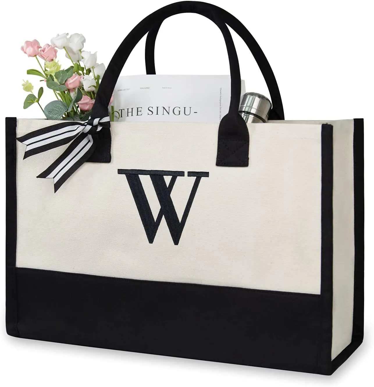 TOPDesign Embroidery Initial Canvas Tote Bag, Personalized Present Bag, Suitable for Wedding, Birthday, Beach, Holiday, is a Great Gift for Women, Mom, Teachers, Friends, Bridesmaids (Letter W)