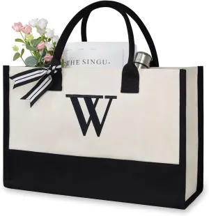 TOPDesign Embroidery Initial Canvas Tote Bag, Personalized Present Bag, Suitable for Wedding, Birthday, Beach, Holiday, is a Great Gift for Women, Mom, Teachers, Friends, Bridesmaids (Letter W)