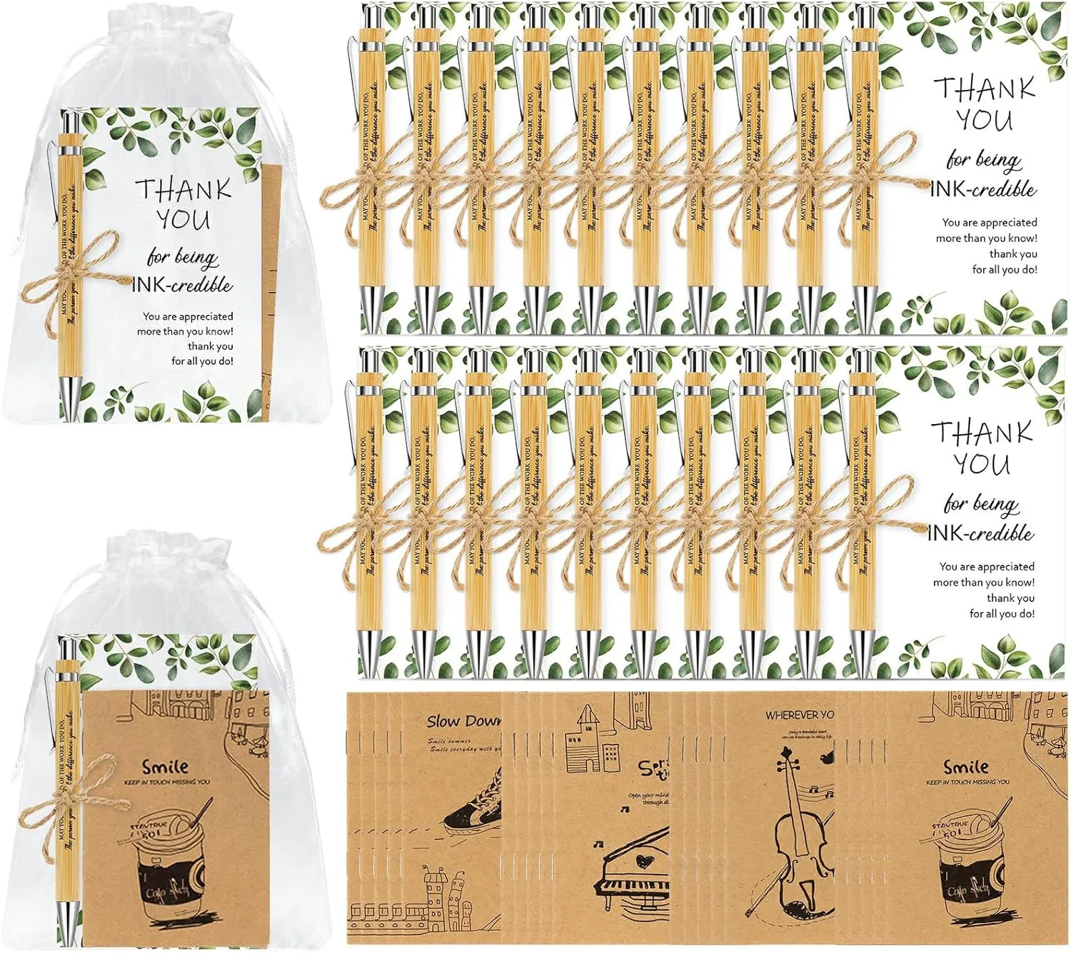 Topsky 20 Sets Employee Appreciation Gifts Bulk,Thank You Gift Office Wood Bamboo Pens with Inspirational Bookmark Cards for Coworkers,Back to School Gift for Teacher (leaf)