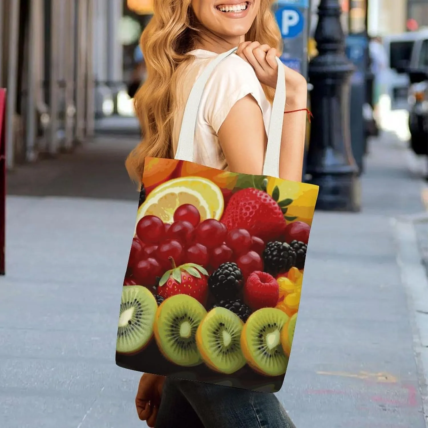 Tote Bag Reusable Cartoon Ladybug Flower Grocery Bag Canvas Shopping Bag with Inner Pocket for Women
