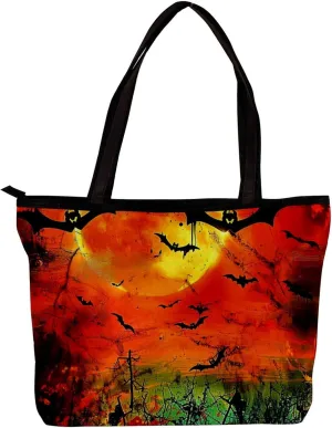Tote Bags, Large Tote Bags for Women, Tote Bag with Zipper, Halloween Black Cat Bat Orchestra Spider, Tote Bag for Work