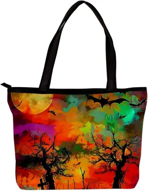 Tote Bags, Large Tote Bags for Women, Tote Bag with Zipper, Halloween Black Cat Bat Orchestra Spider, Tote Bag for Work
