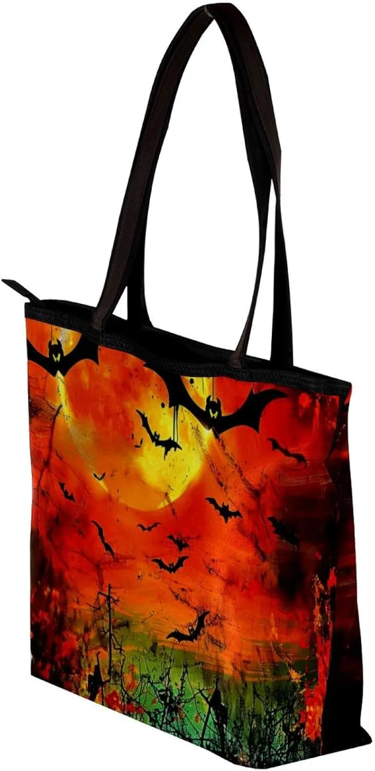 Tote Bags, Large Tote Bags for Women, Tote Bag with Zipper, Halloween Black Cat Bat Orchestra Spider, Tote Bag for Work
