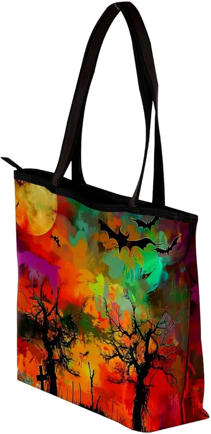 Tote Bags, Large Tote Bags for Women, Tote Bag with Zipper, Halloween Black Cat Bat Orchestra Spider, Tote Bag for Work