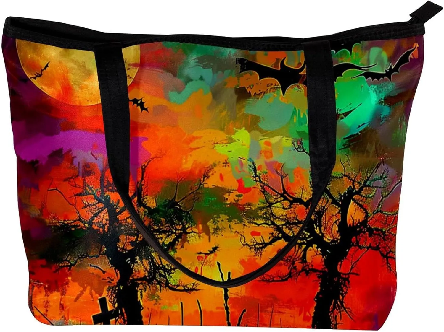 Tote Bags, Large Tote Bags for Women, Tote Bag with Zipper, Halloween Black Cat Bat Orchestra Spider, Tote Bag for Work