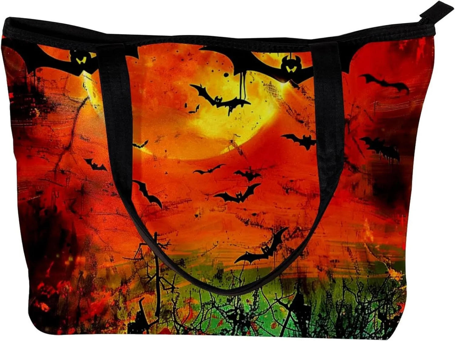 Tote Bags, Large Tote Bags for Women, Tote Bag with Zipper, Halloween Black Cat Bat Orchestra Spider, Tote Bag for Work