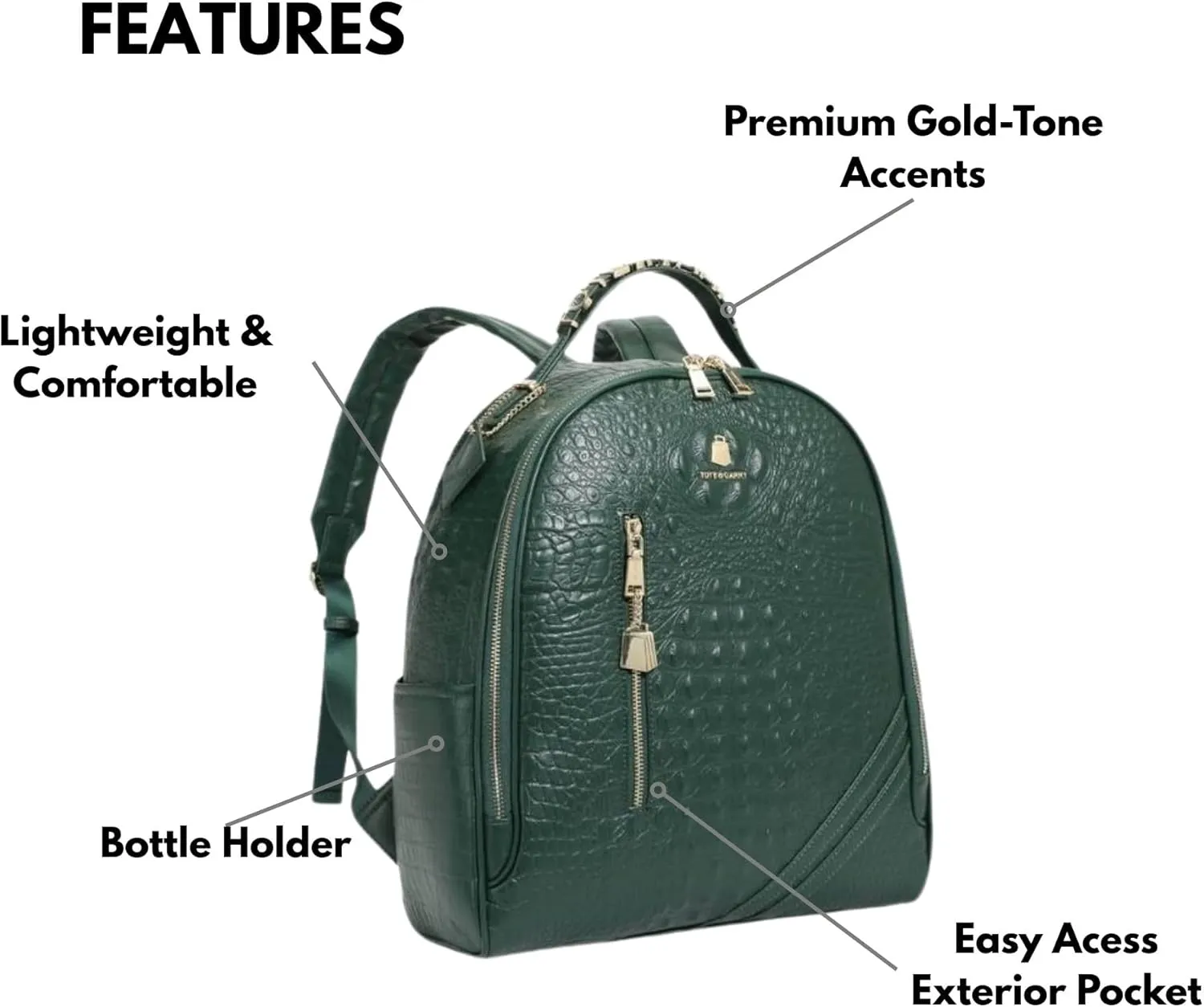 Tote&Carry Apollo BFF Backpack for Women, Vegan Leather, Water-Resistant, Carry-On Luggage for Travel, Work & Daily Use (Alligator Skin, Emerald Green)