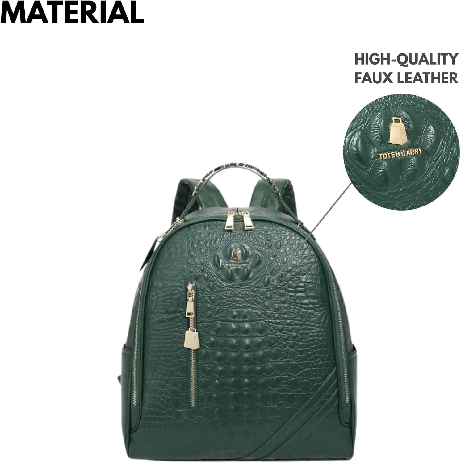 Tote&Carry Apollo BFF Backpack for Women, Vegan Leather, Water-Resistant, Carry-On Luggage for Travel, Work & Daily Use (Alligator Skin, Emerald Green)