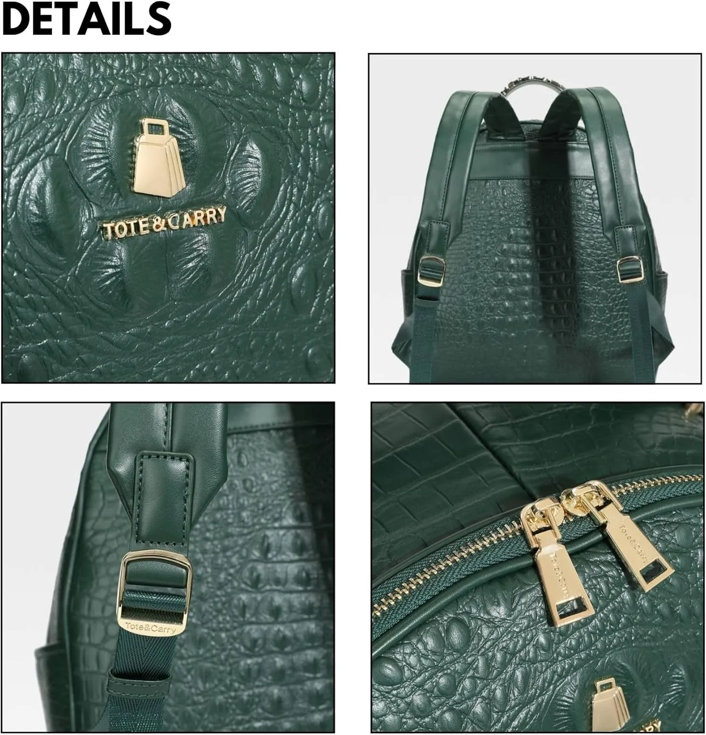 Tote&Carry Apollo BFF Backpack for Women, Vegan Leather, Water-Resistant, Carry-On Luggage for Travel, Work & Daily Use (Alligator Skin, Emerald Green)