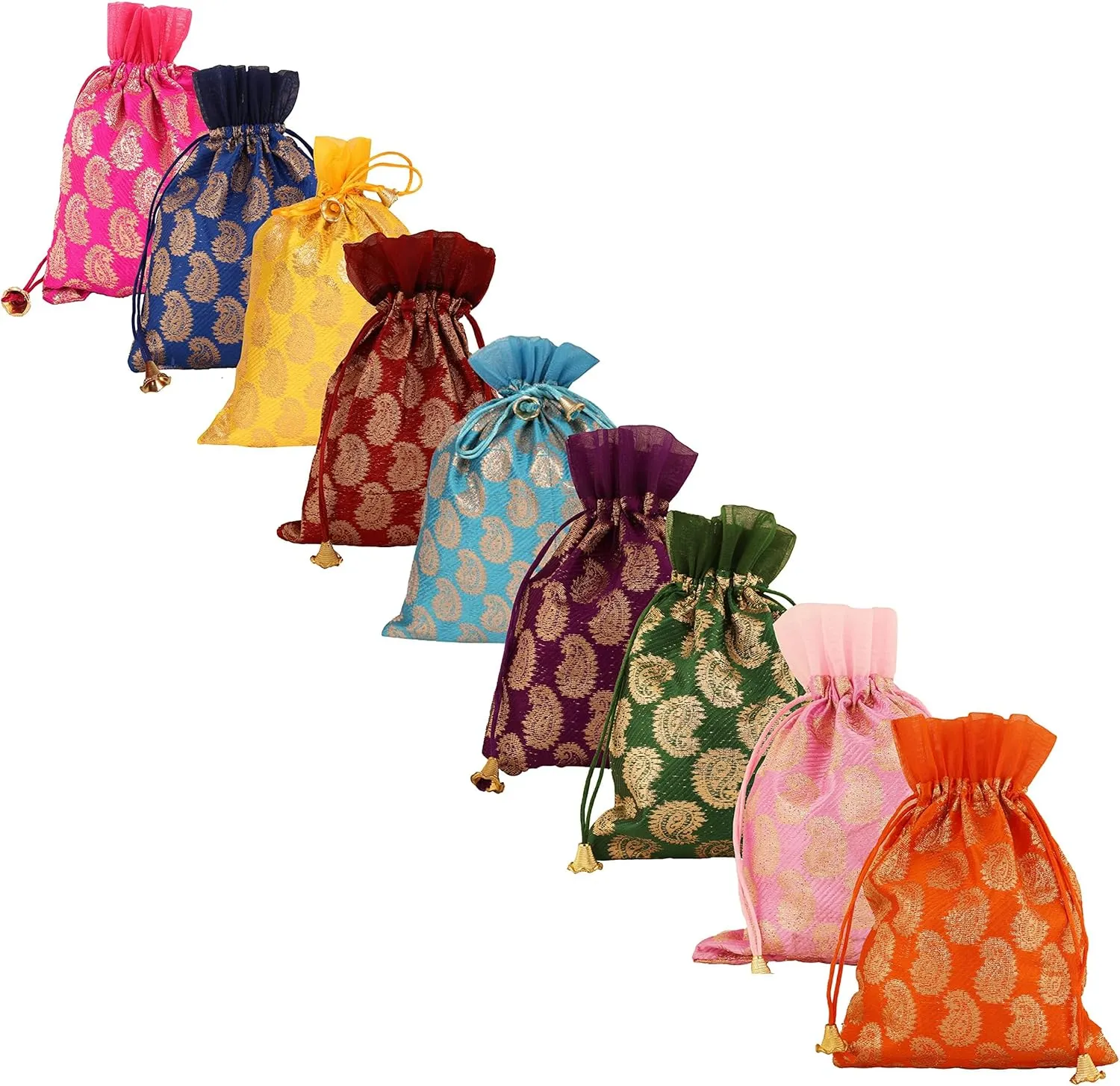 Touchstone Drawstring Bags Traditional Indian Handcrafted in Paisley Pattern Brocade fabric. Perfect for Gifts Jewelry Weddings Sweet Distribution Set of 9 Vibrant Multicolor Pouches Purses Potli