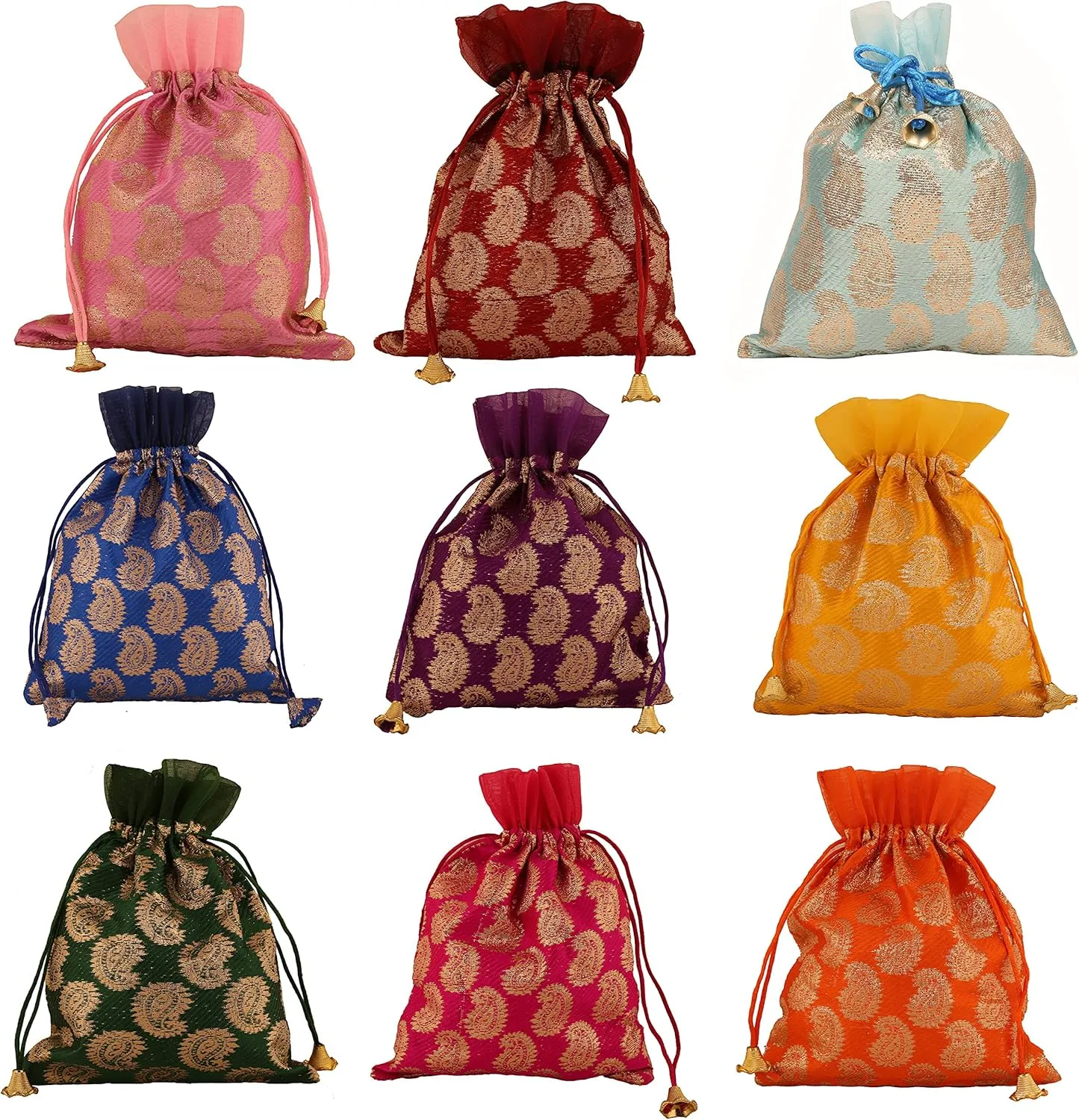 Touchstone Drawstring Bags Traditional Indian Handcrafted in Paisley Pattern Brocade fabric. Perfect for Gifts Jewelry Weddings Sweet Distribution Set of 9 Vibrant Multicolor Pouches Purses Potli