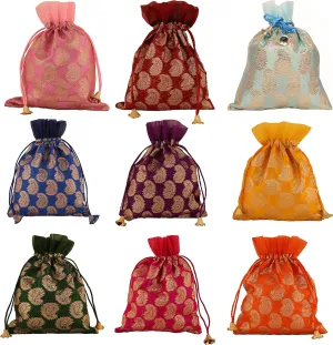 Touchstone Drawstring Bags Traditional Indian Handcrafted in Paisley Pattern Brocade fabric. Perfect for Gifts Jewelry Weddings Sweet Distribution Set of 9 Vibrant Multicolor Pouches Purses Potli