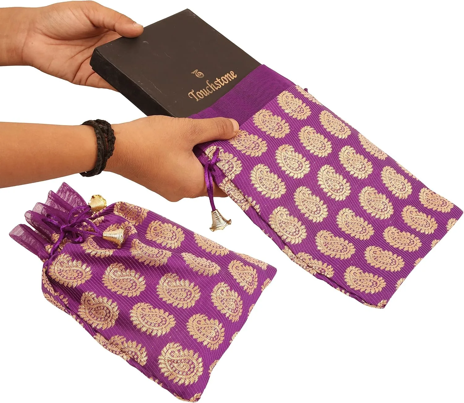 Touchstone Drawstring Bags Traditional Indian Handcrafted in Paisley Pattern Brocade fabric. Perfect for Gifts Jewelry Weddings Sweet Distribution Set of 9 Vibrant Multicolor Pouches Purses Potli