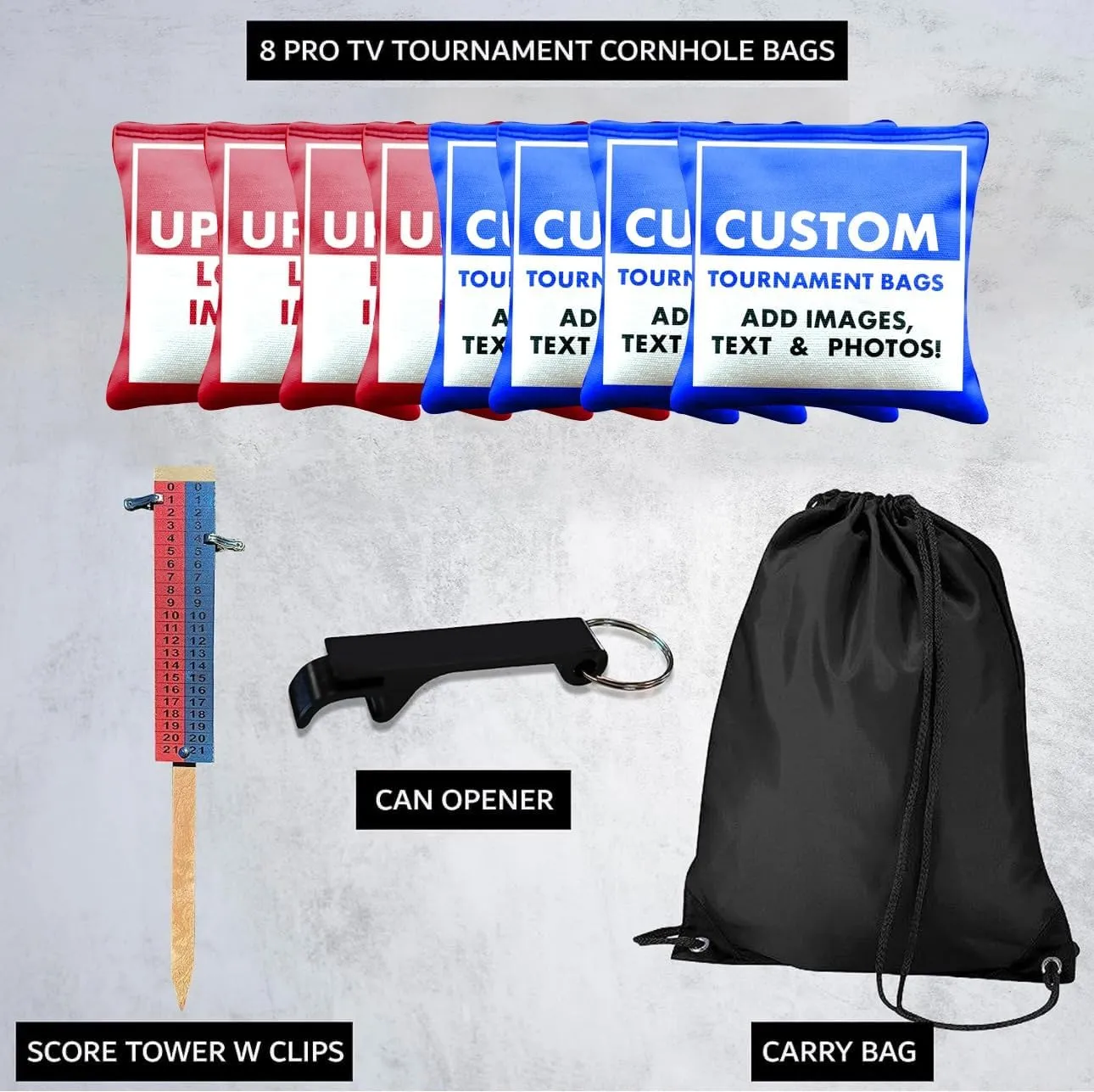 Tournament & Pro Custom Cornhole Bags, Personalized Cornhole Bean Bags for Your Loved Ones, Flag, State, College etc Includes Score Tower and Carry Case