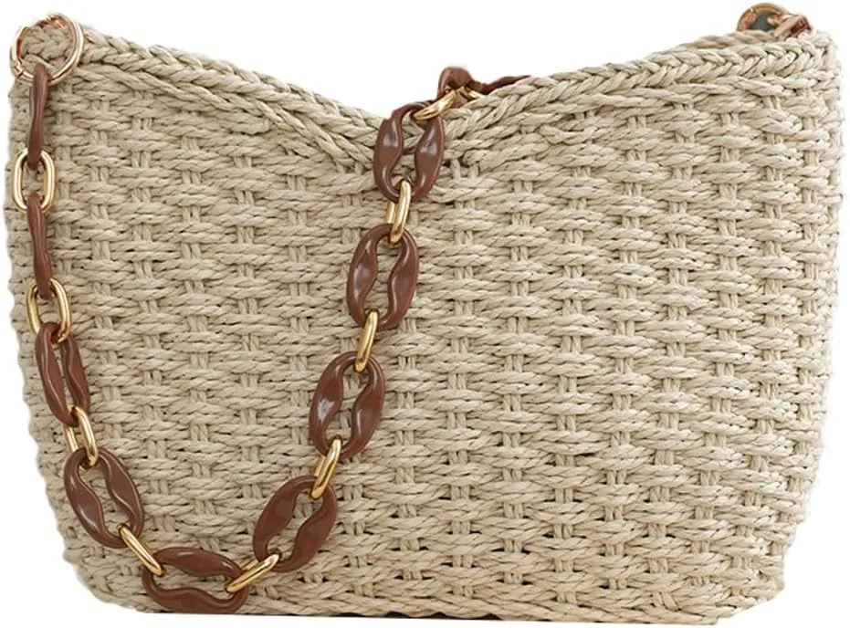 Trendy Straw Chain Purse for Women Woven Causal Underarm Purse Summer Shoulder Bag for Beach Travel Sling Hobo Handbag