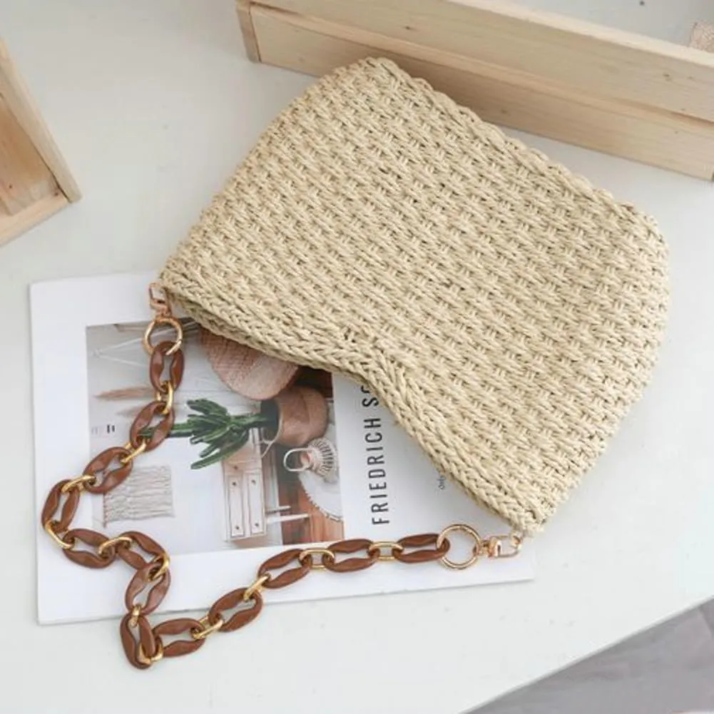 Trendy Straw Chain Purse for Women Woven Causal Underarm Purse Summer Shoulder Bag for Beach Travel Sling Hobo Handbag