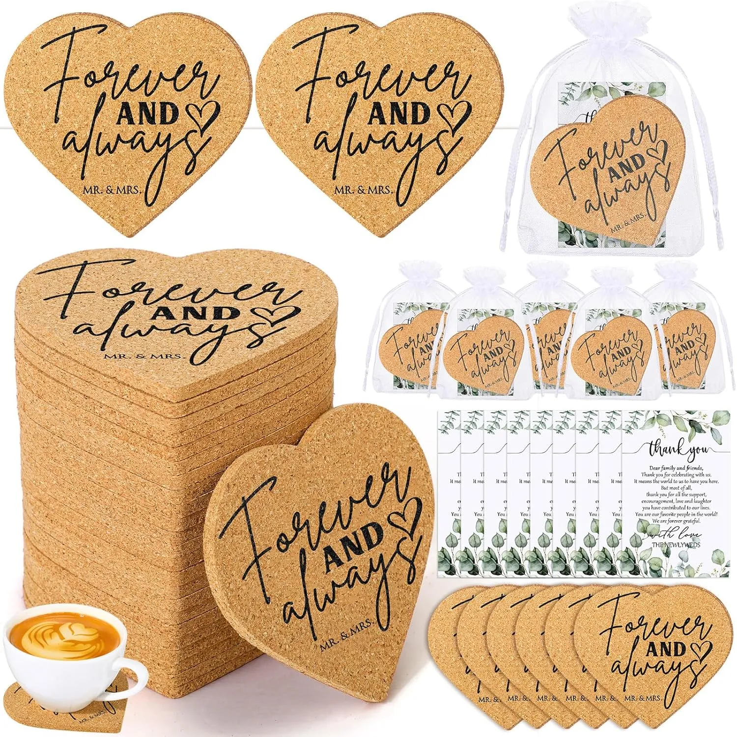 Uiifan 50 Sets Wedding Favors for Guest Heart Shaped Cork Coasters Sets Wedding Gifts Bulk Thank You Cards and Organza Bags Bridal Shower Favors for Souvenirs Engagement Party