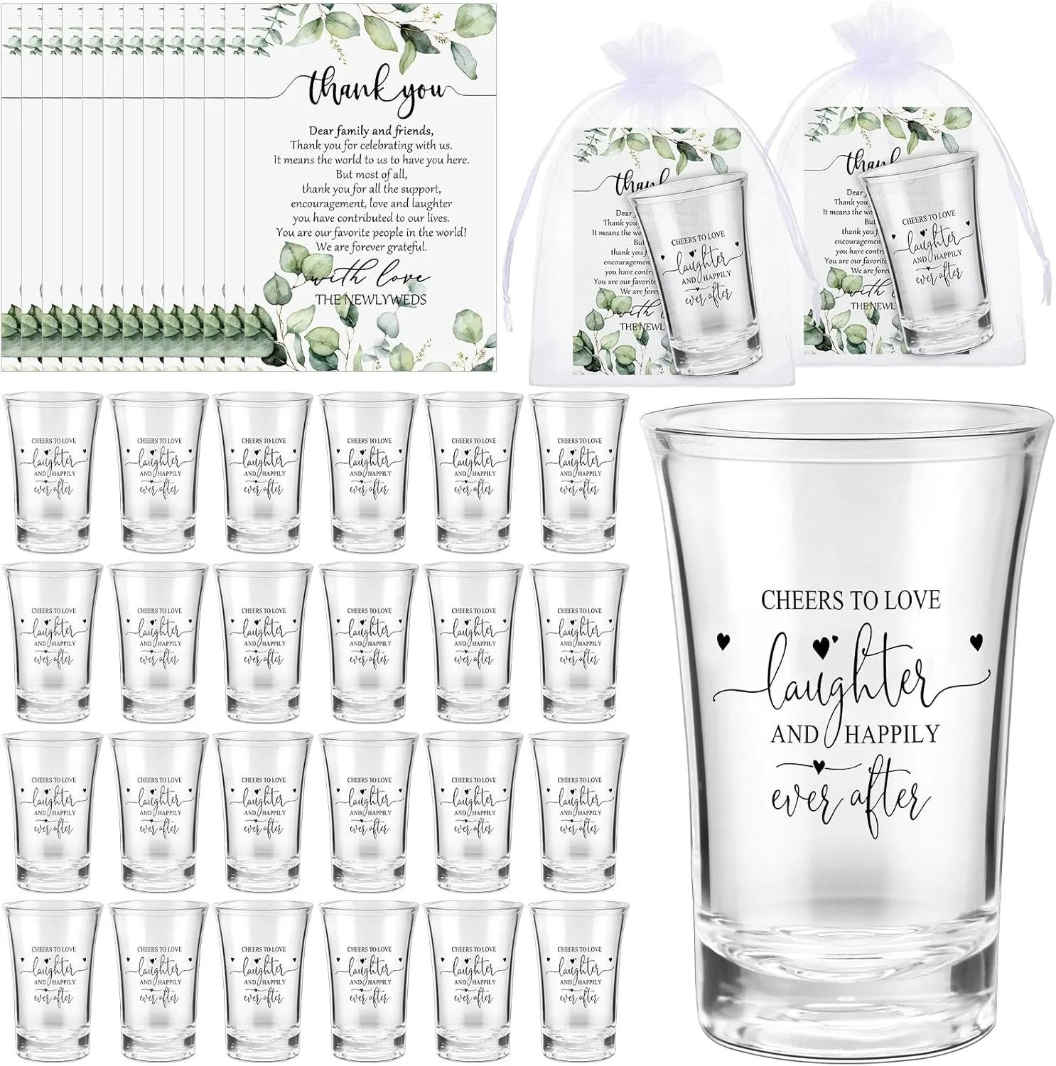 Uiifan 50 Sets Wedding Favors for Guests Acrylic Wedding Short Glasses Cheers to Love Clear Wine Glasses with Thank You Cards Organza Bags for Party Souvenirs Gifts