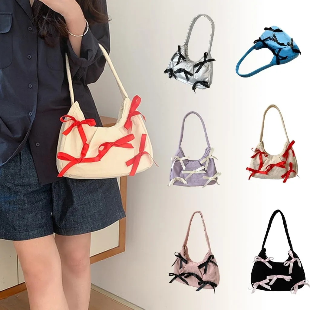 Underarm Bag with Bow Detail Nylon Shoulder Bag Casual Armpit Purse Handbag for Everyday Use