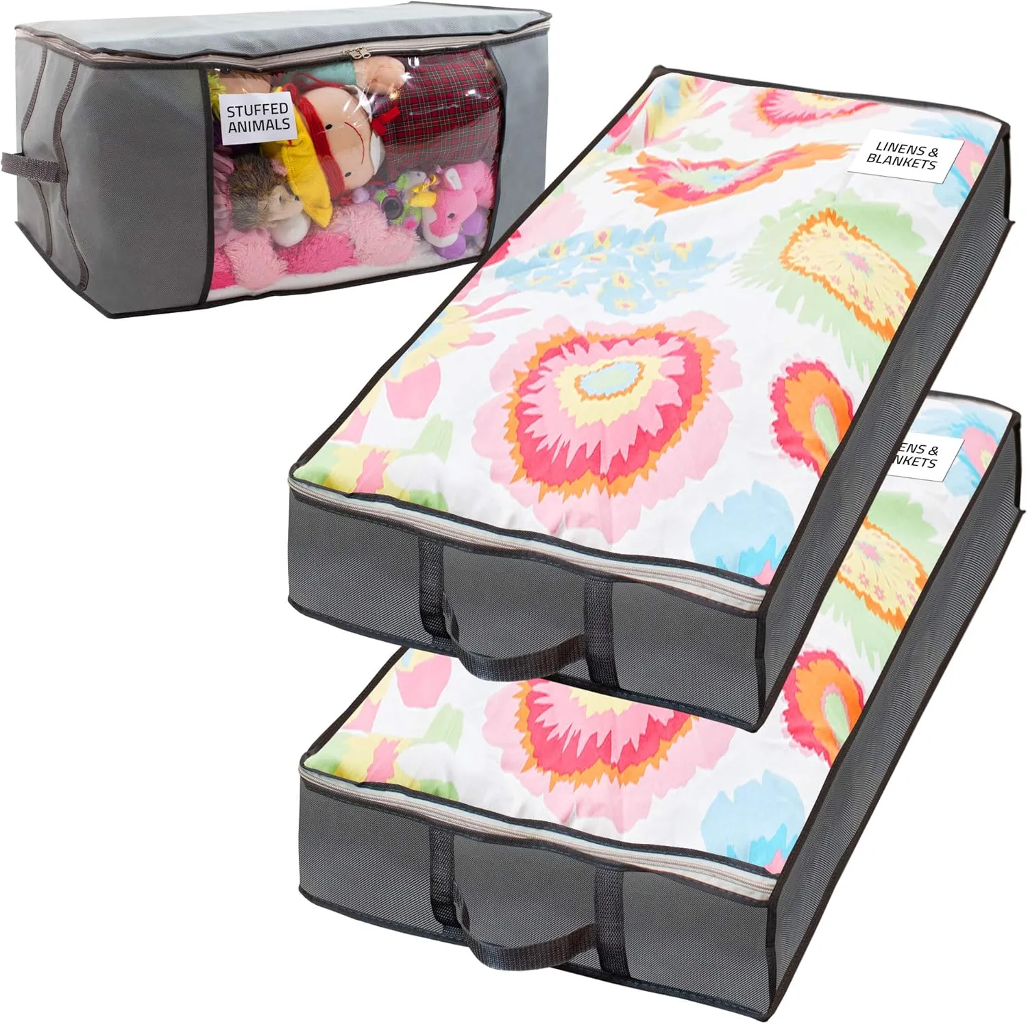 Underbed Storage Bag 2 Large Under-the-Bed Storage Containers and Organizer Bin Reinforced Handles Metal Zipper Foldable Under-Bed Storage Bags and Containers by Nest Neatly, Gray