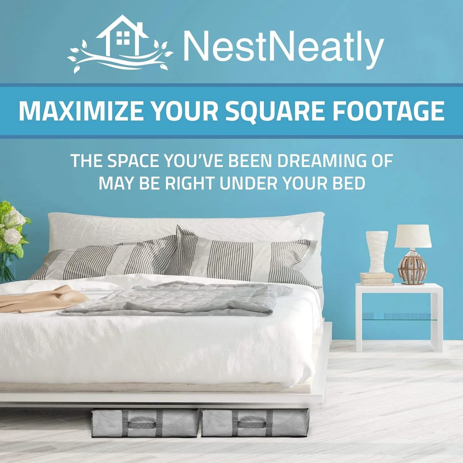 Underbed Storage Bag 2 Large Under-the-Bed Storage Containers and Organizer Bin Reinforced Handles Metal Zipper Foldable Under-Bed Storage Bags and Containers by Nest Neatly, Gray