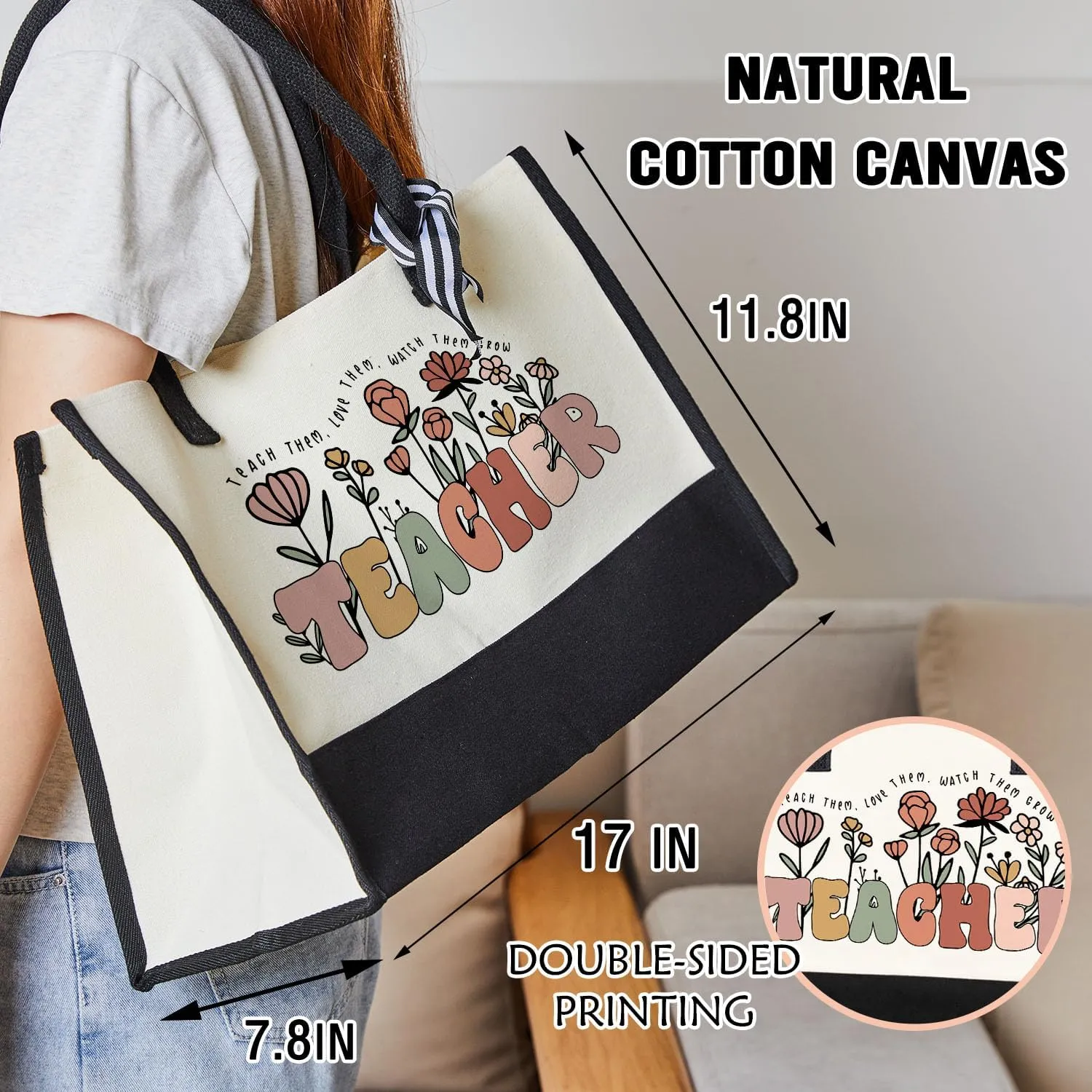 Undergo Teacher Tote Bags for Women - Canvas Tote Bag & Makeup Bag, Black, 17 x 11.8 x 7.8 inches, Adult Female Teachers