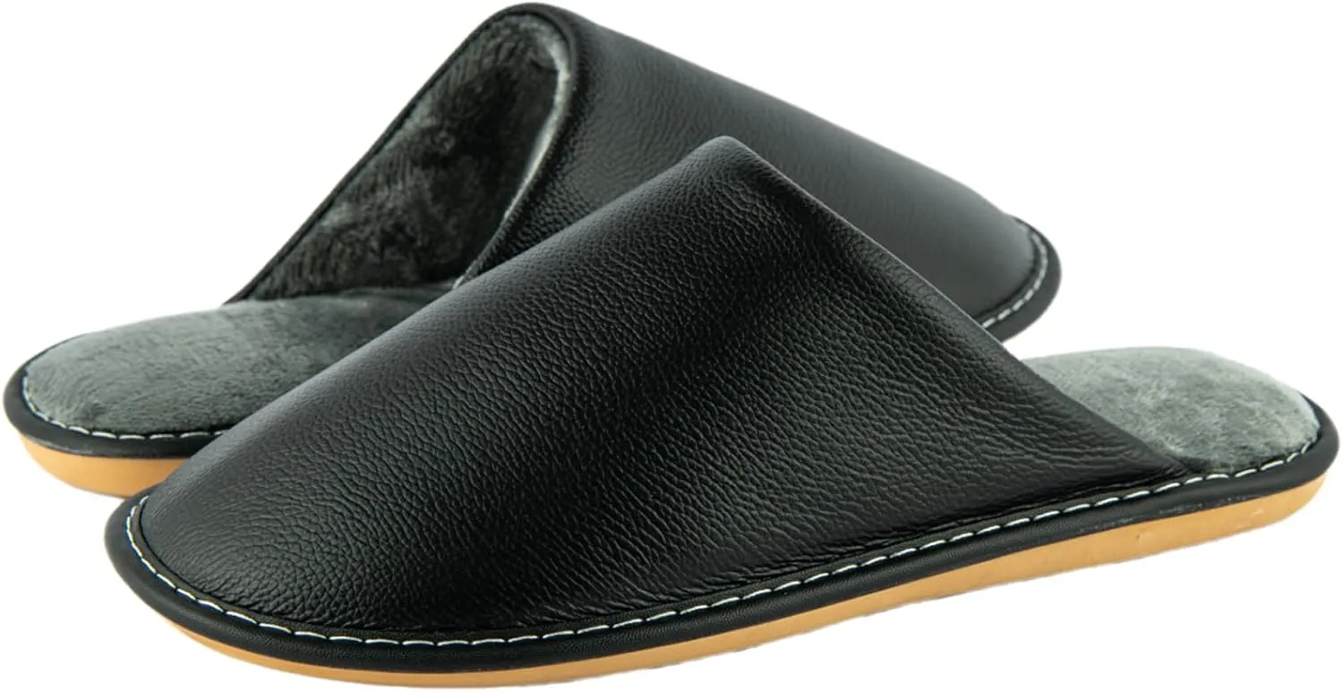 Unisex Genuine Leather House Slippers for Men and Women, Indoor Slip-On Slippers, Non-Slip Sole, Soft Lining, Comfortable and Durable Home Shoes