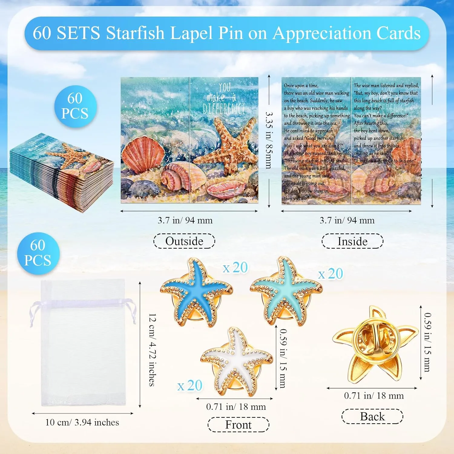 Unittype 60 Sets Employee Appreciation Gifts Starfish Pins Inspirational Cards with Organza Bag Thank You Gifts for Graduation Students Teachers Volunteer Nurse