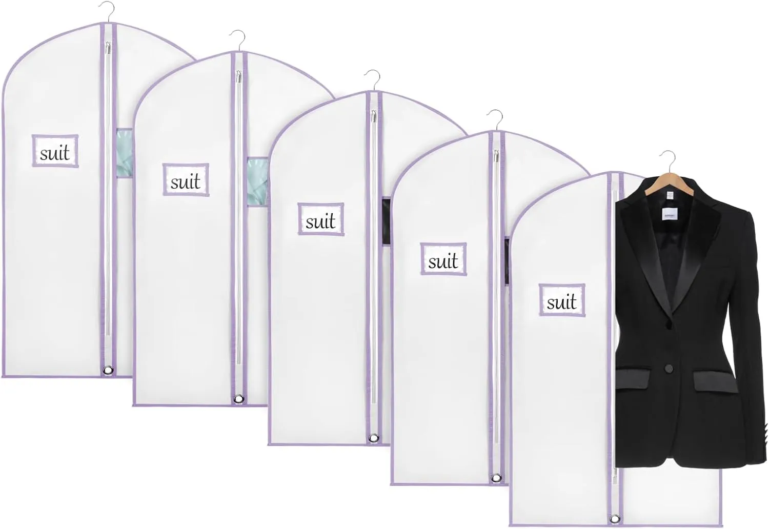 Univivi 40"Garment Bag for Storage,Short Dresses Garment Bag for Woman with Clear Window and ID Card Holder for T-shirt,Coat, Jacket,White/Purple,Set of 5