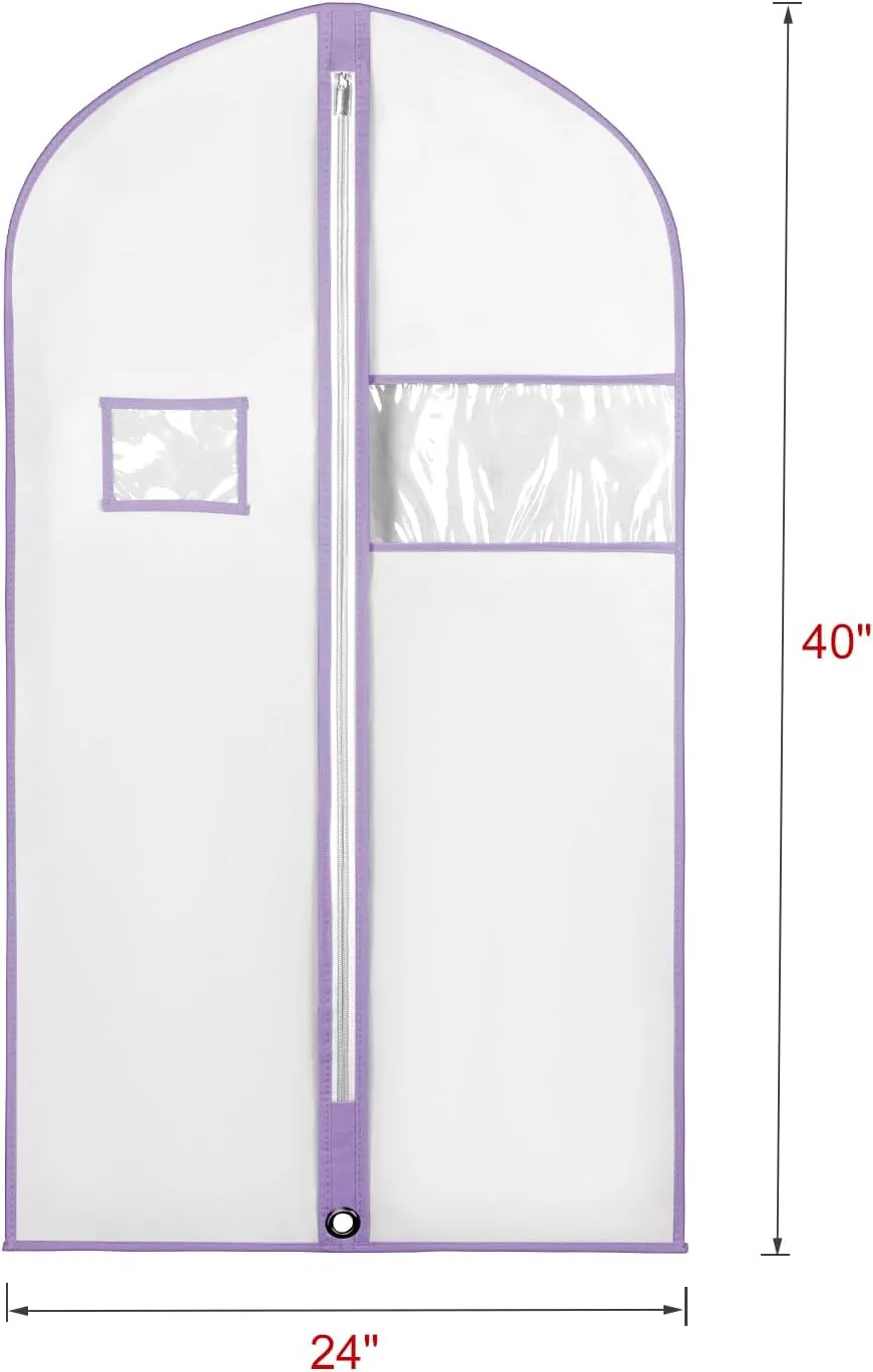 Univivi 40"Garment Bag for Storage,Short Dresses Garment Bag for Woman with Clear Window and ID Card Holder for T-shirt,Coat, Jacket,White/Purple,Set of 5