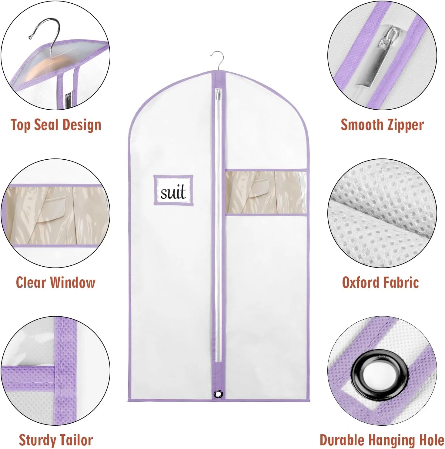 Univivi 40"Garment Bag for Storage,Short Dresses Garment Bag for Woman with Clear Window and ID Card Holder for T-shirt,Coat, Jacket,White/Purple,Set of 5