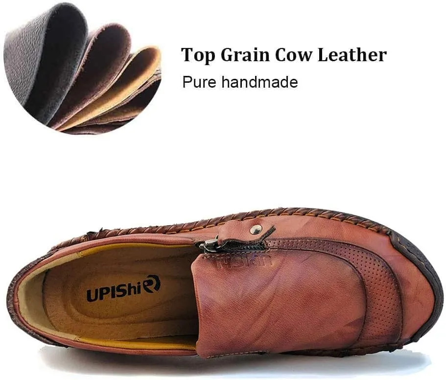 UPIShi Mens Driving Oxford Leather Casual Slip-on Sneaker Stitched Flats Penny Loafers Lightweight Shoes
