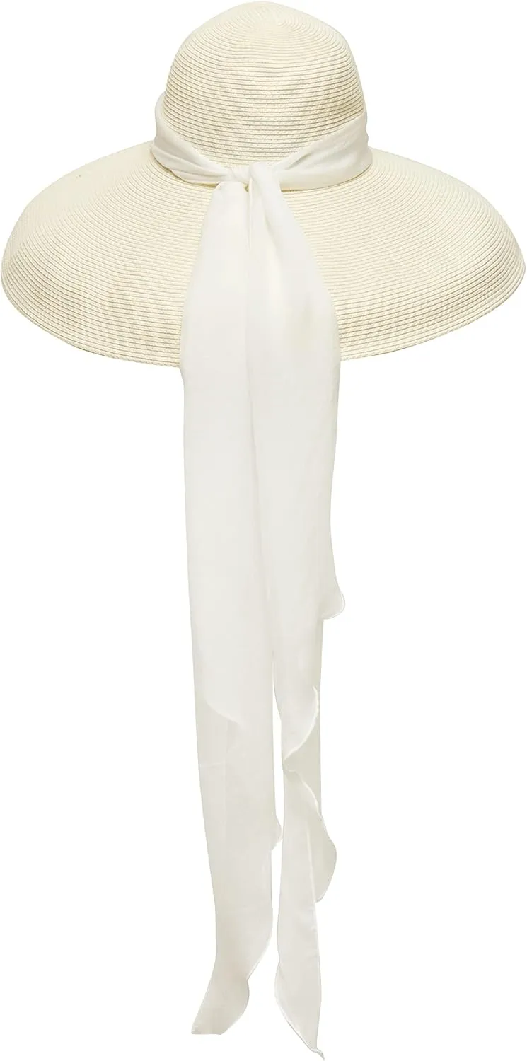 Utopiat MIU Oversized Straw Holiday Beach Natural White Hat W/Silk Scarf